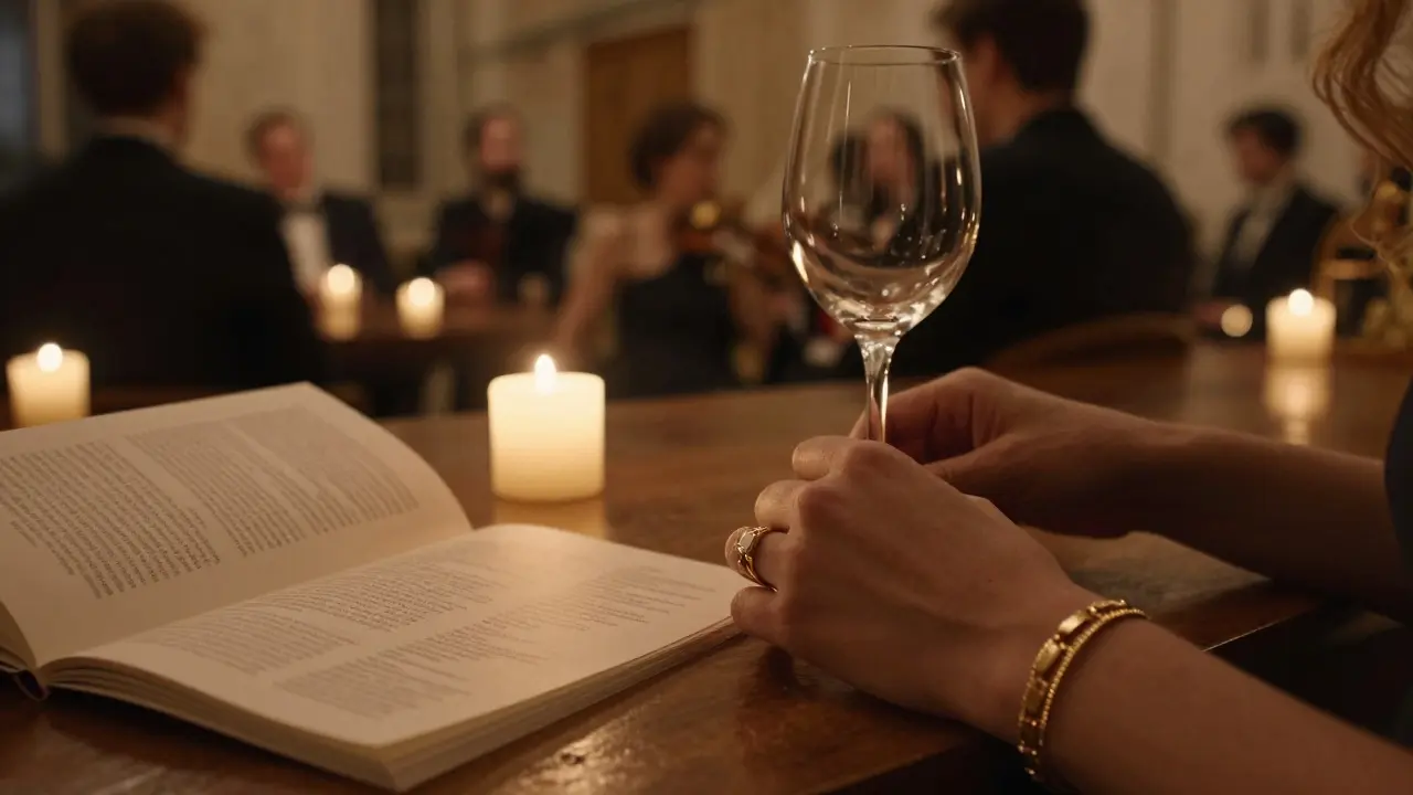 Close-up of delicate jewelry and a wine glass beside a program at a candlelight concert, bathed in warm ambient glow.