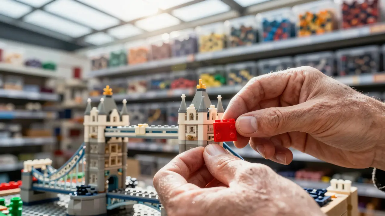 Close-up of hands placing a tiny LEGO brick onto a detailed Tower Bridge model.