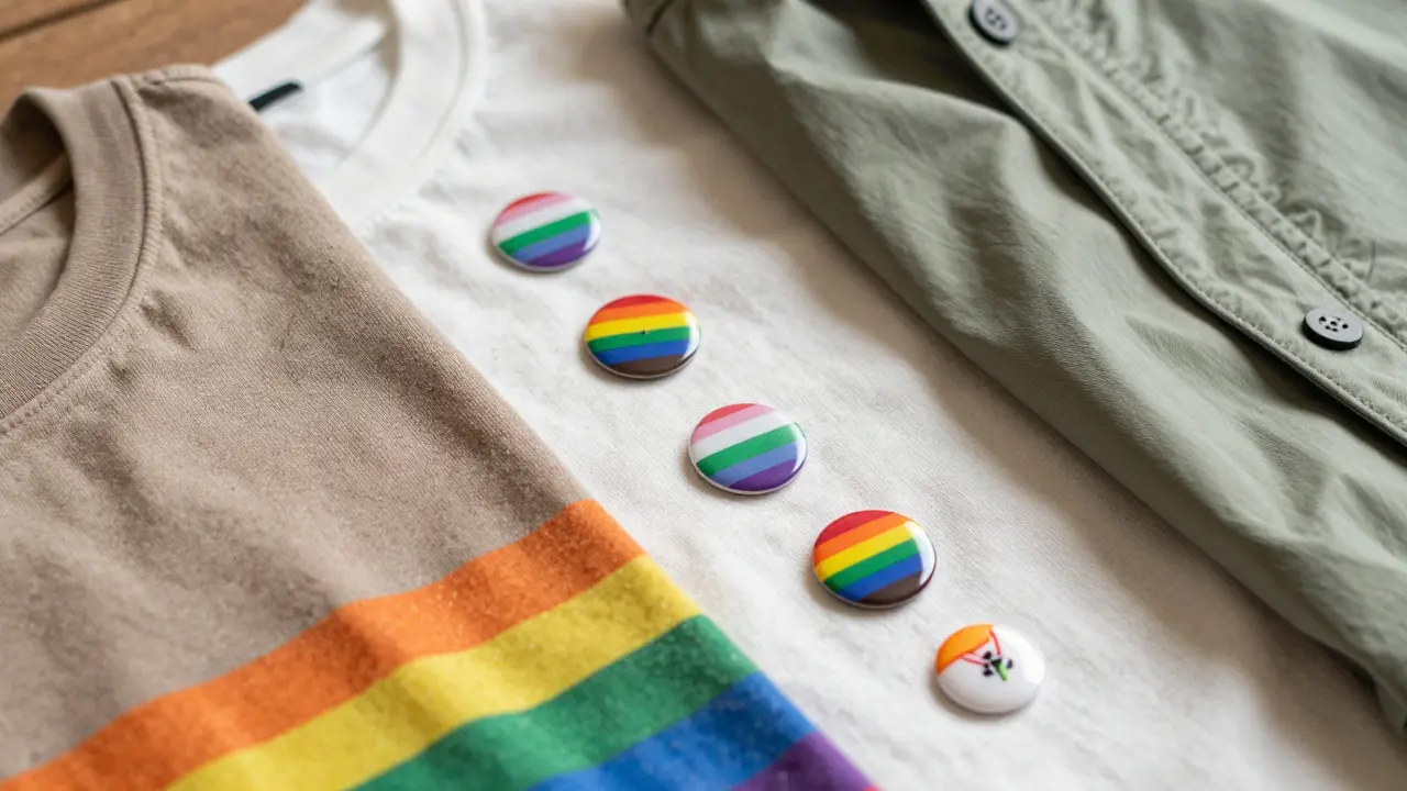 Close-up of sustainable fabric textures and pride pins