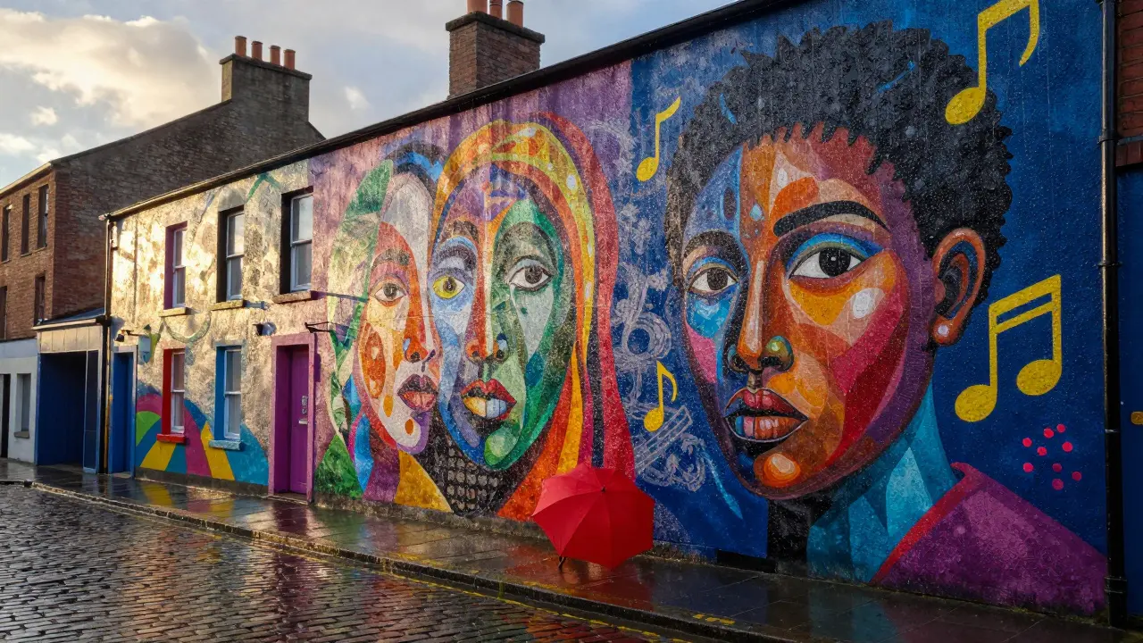 Colorful Glasgow mural on a wet tenement wall with rain reflecting neon colors under soft morning light.