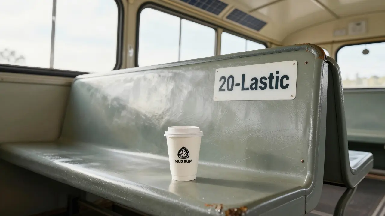 Compostable coffee cup beside a bench made from recycled bus seats, symbolizing zero-waste design.