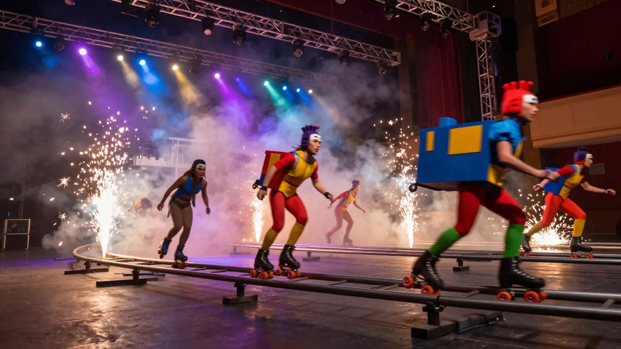 Costumed skaters racing on a raised metal track with sparks.