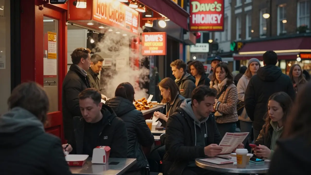 Crowded neon-lit Dave's Hot Chicken counter in London's Soho with customers in line.