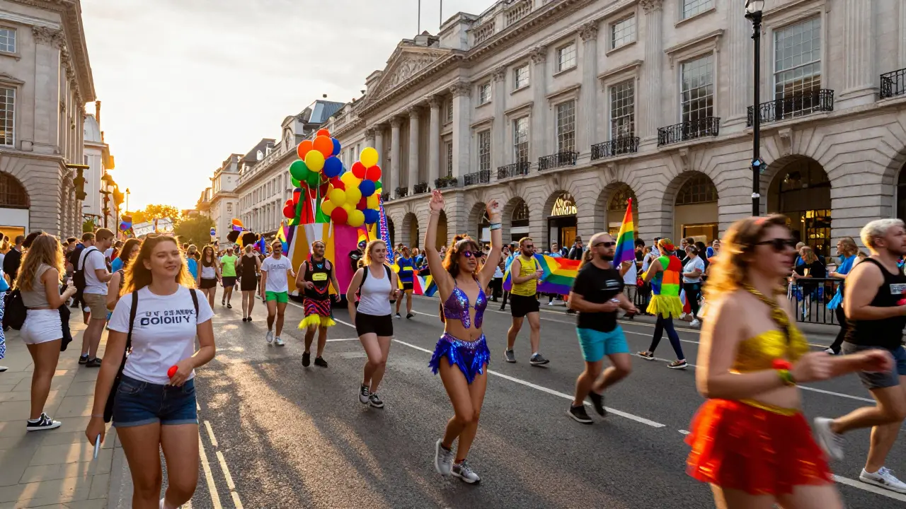 Crowds fill London's Pride parade route with colorful floats and joyful energy.
