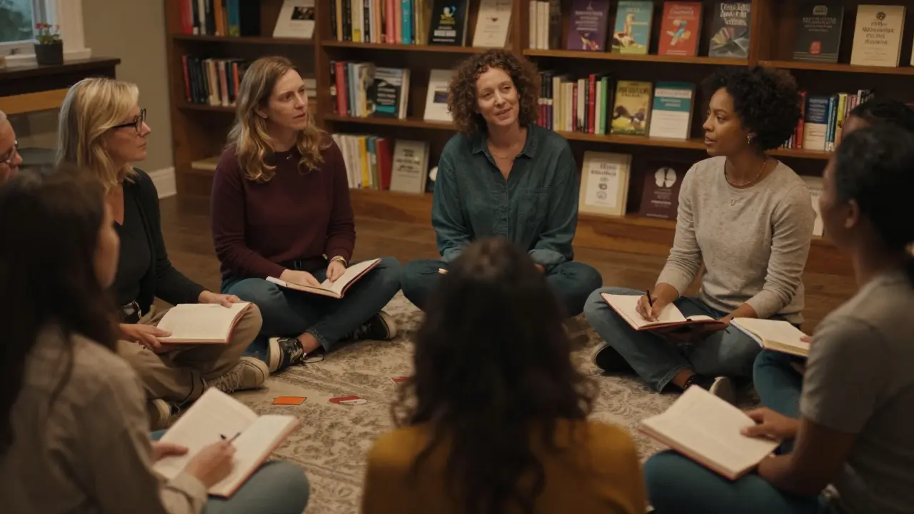 Diverse group discussing in a circle during a wellness workshop session.