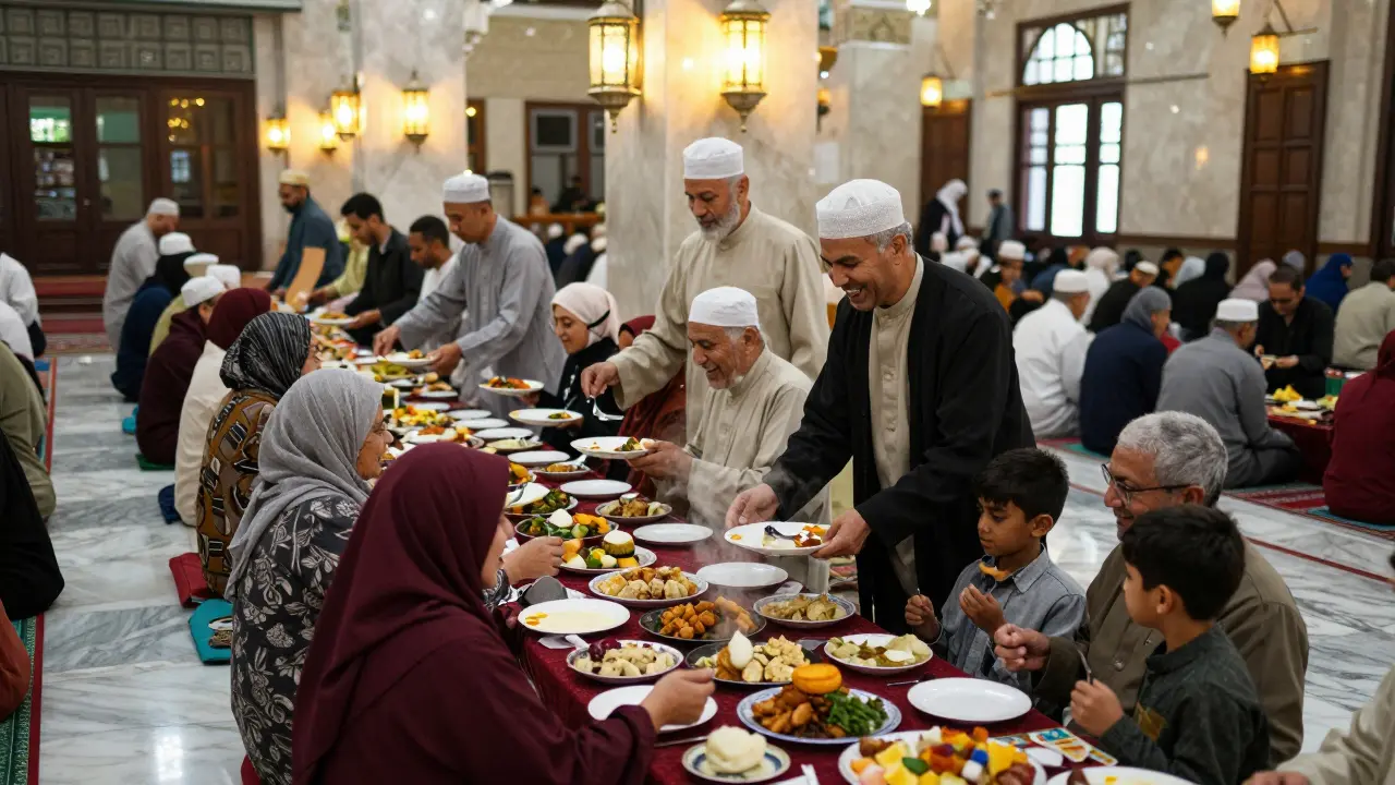 Diverse group enjoying a Ramadan iftar meal together, volunteers serving food with smiles.