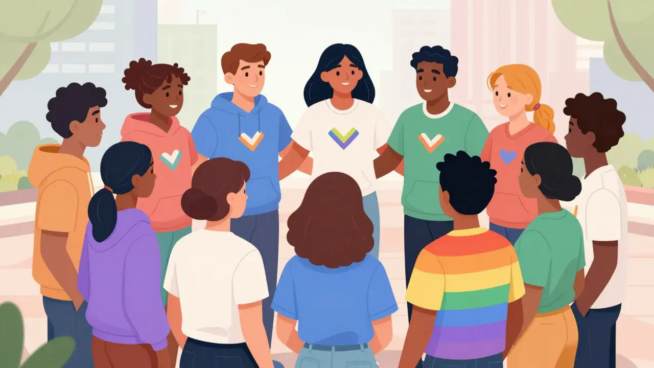 Diverse group of friends wearing pride apparel together