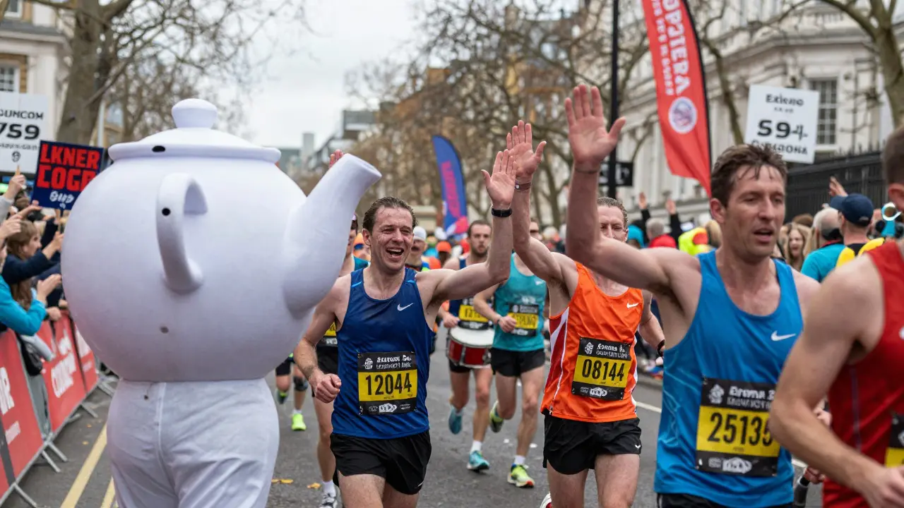 Diverse group of runners high-fiving at mile 20 of the marathon amid cheering crowd.