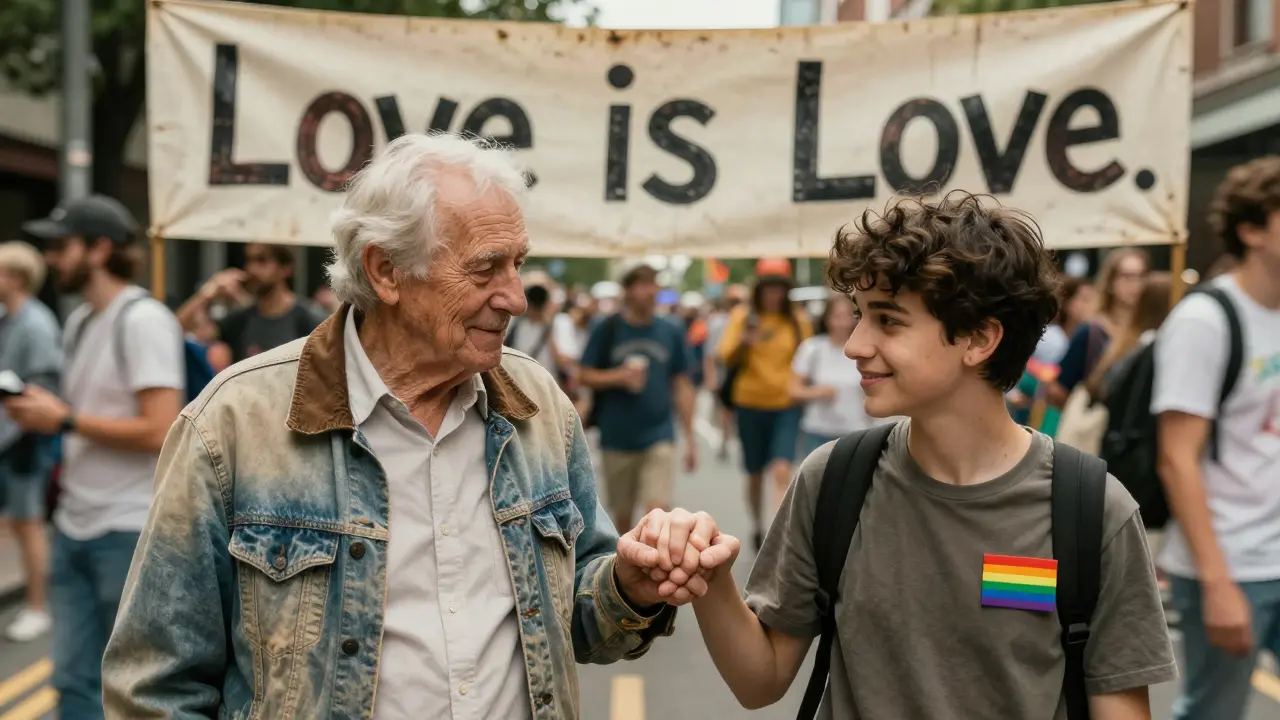 Elderly man and young non-binary teen hold hands under a 'Love is Love' banner, smiling softly.