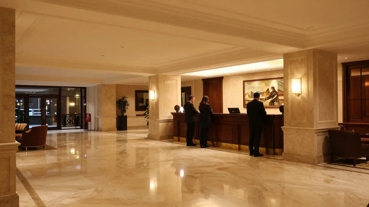Elegant hotel lobby with marble floors, soft lighting, and high ceilings.