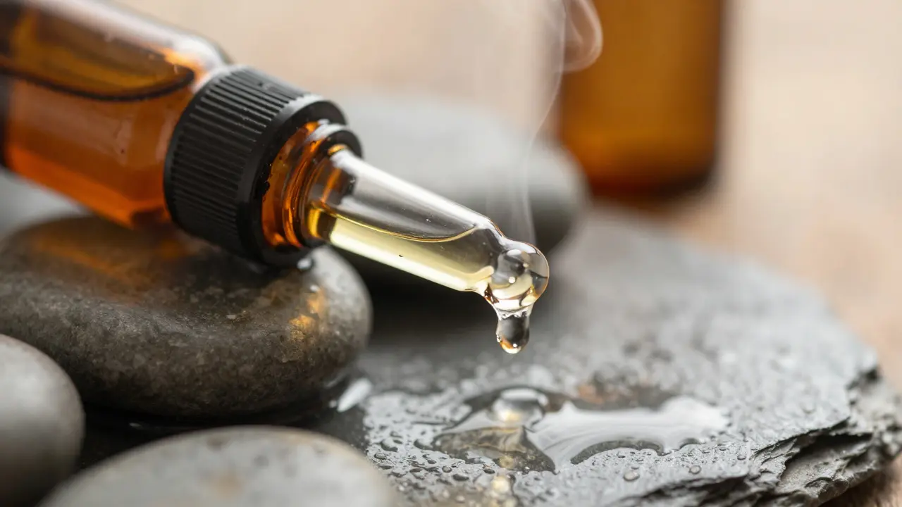 Essential oils on wet slate stones with rising steam for relaxation.