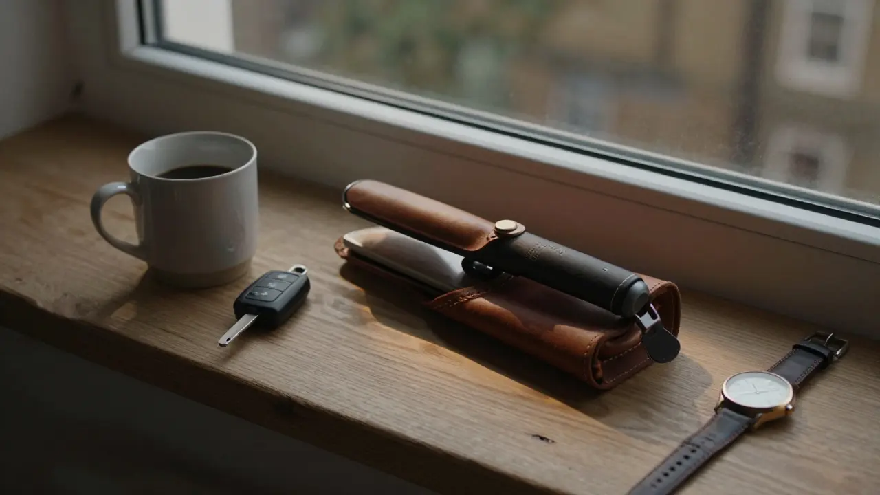 Flat iron in a leather pouch next to a coffee mug and keys on a windowsill at golden hour.