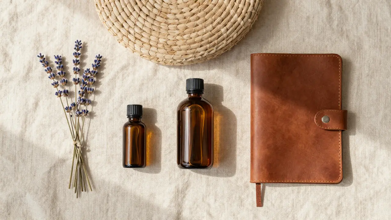 Flat lay of wellness tools like oils, journal, and lavender on linen.