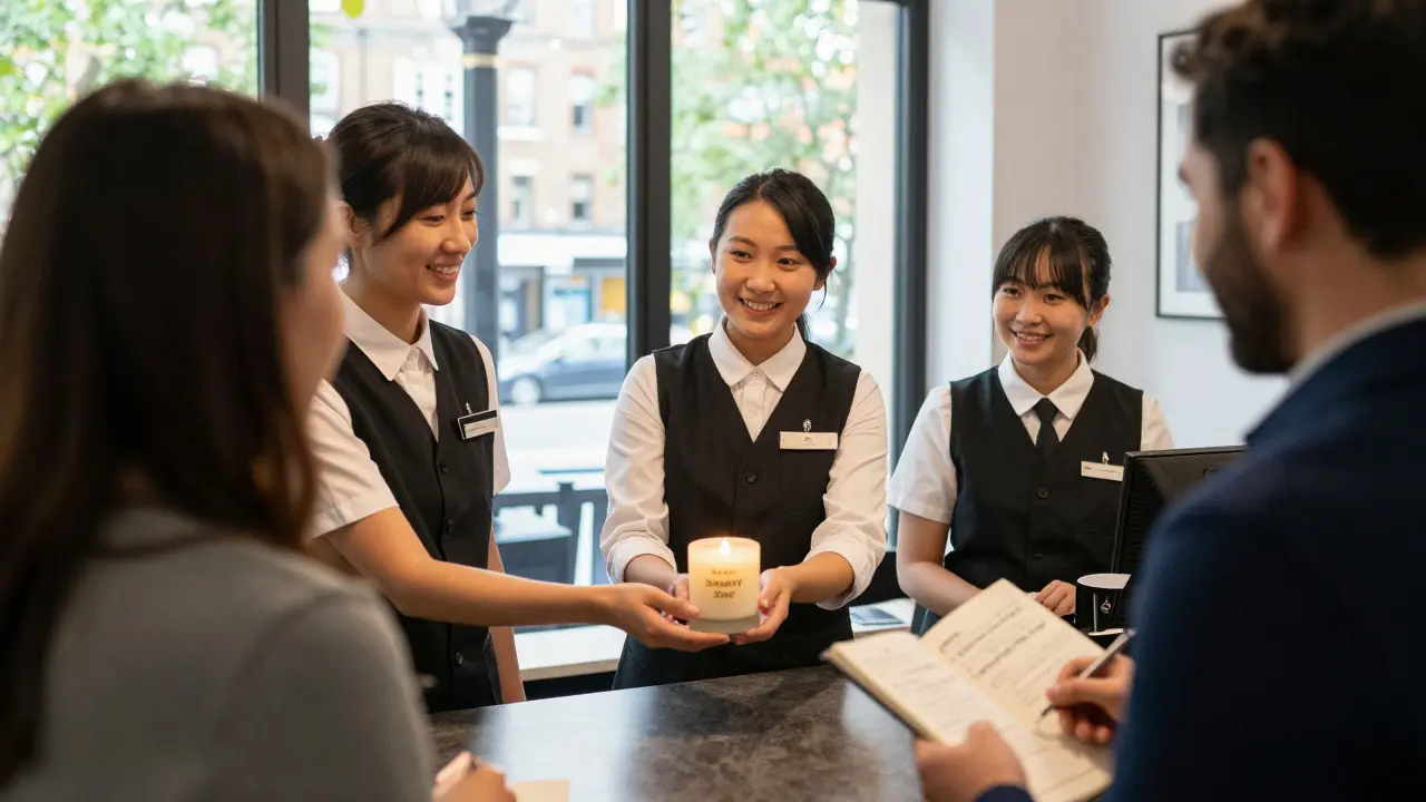 Friendly hotel staff interacting naturally with a guest at the front desk, offering a handmade gift.