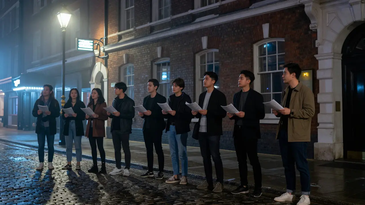 Friends chatting outside a theater building at night.