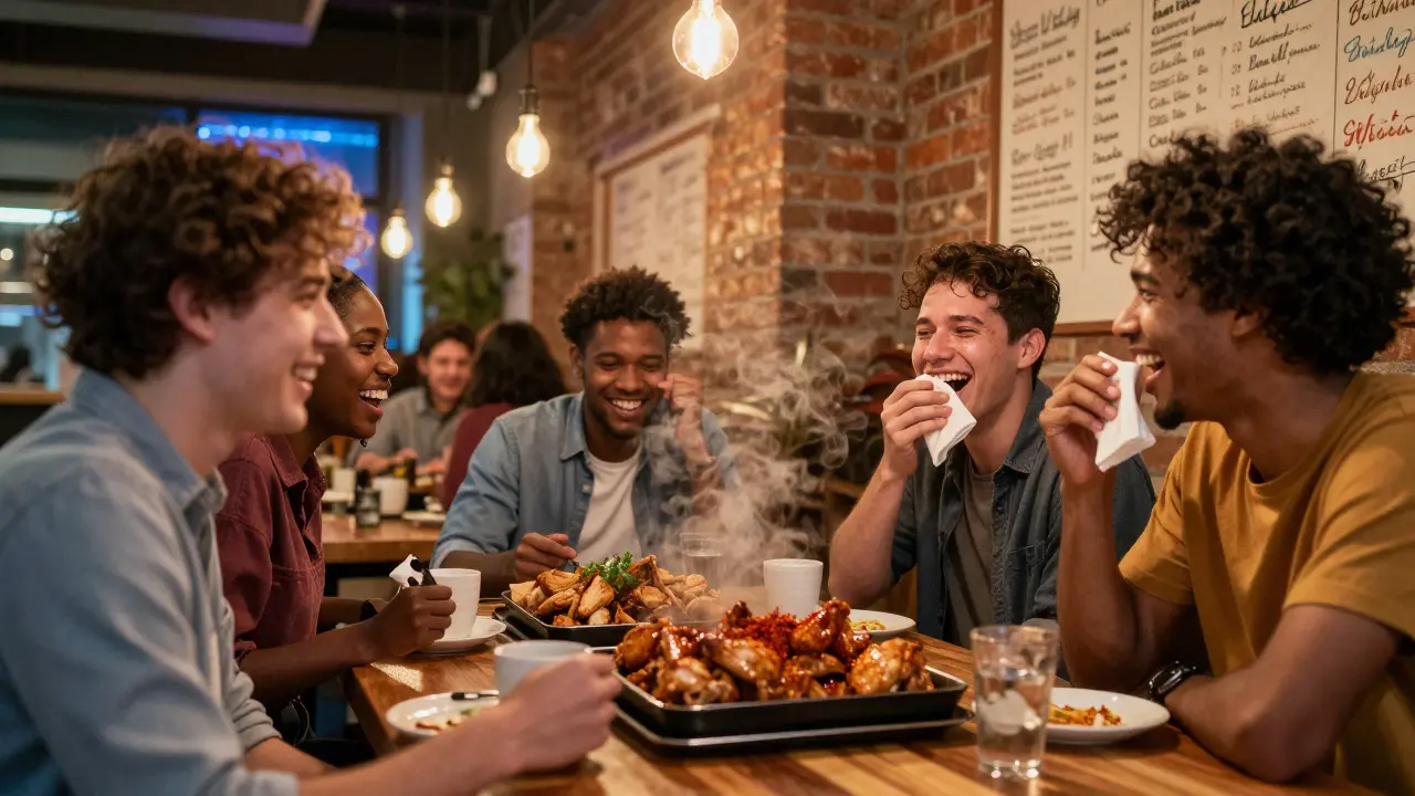 Friends laughing together at a neon-lit restaurant, one holding a napkin to their mouth as steam rises from chicken trays.