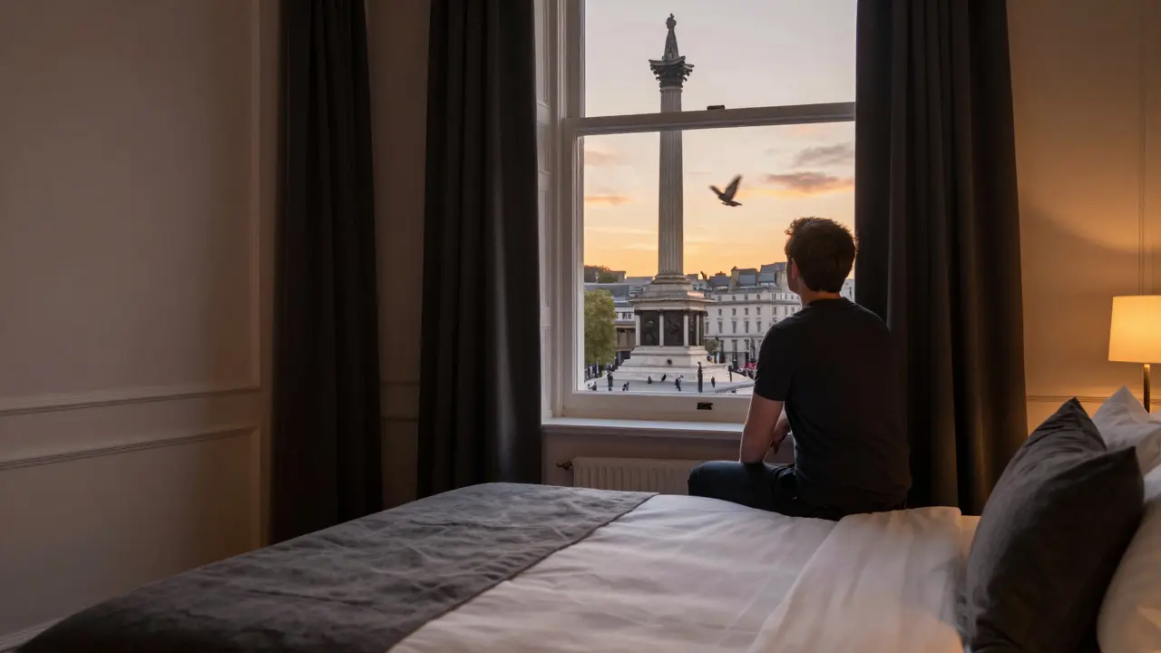 Guest looking out at Trafalgar Square from a hotel room at sunset, curtains softly drawn.