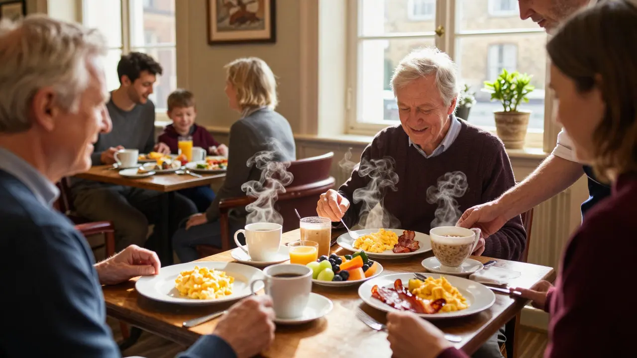 Guests enjoying a hot breakfast with steaming food and warm lighting in a cozy dining area.