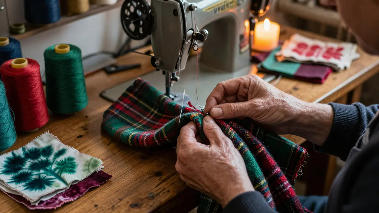 Hand-sewing a tartan scarf in a Glasgow workshop with wool fabrics and vintage tools.