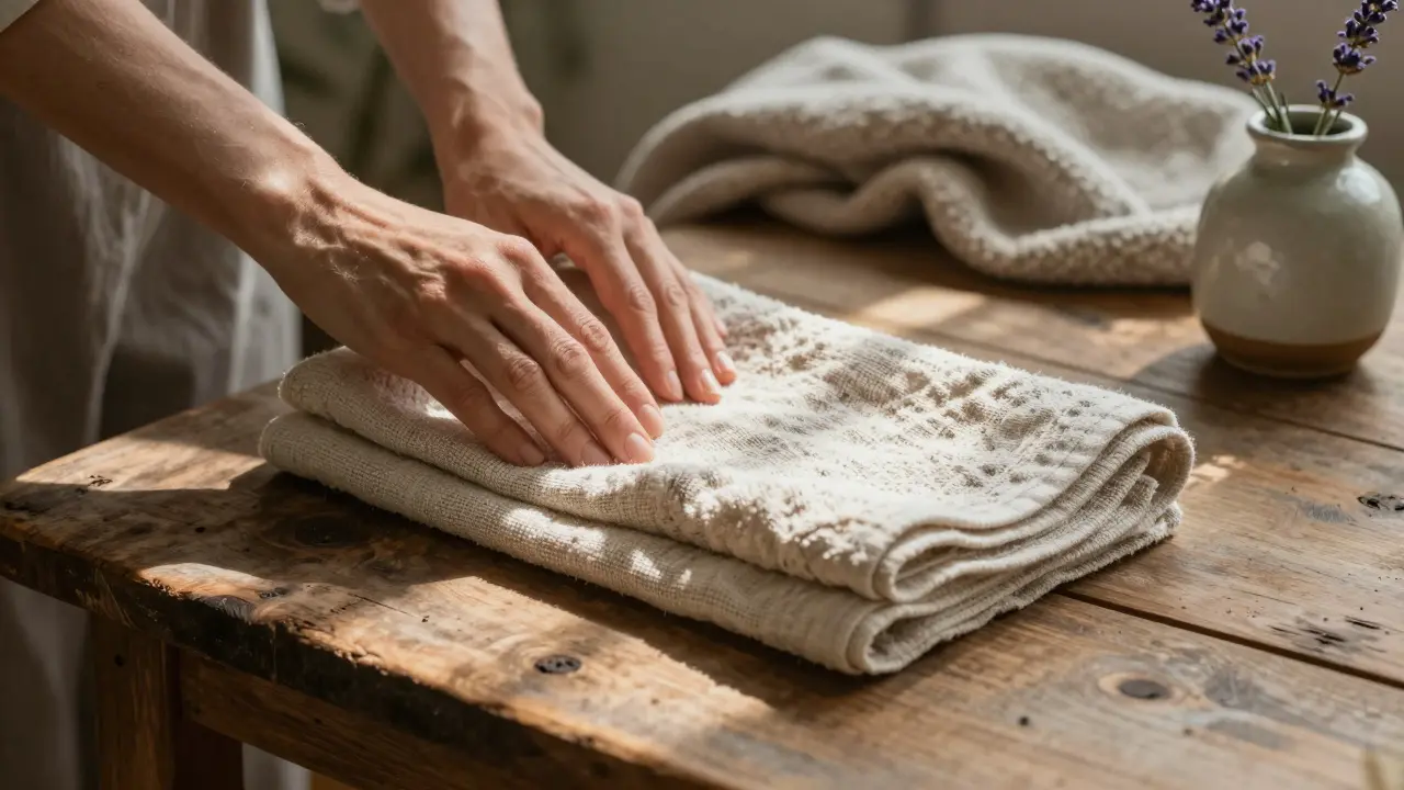Hands folding a linen towel on a wooden surface with a wool blanket and lavender nearby.