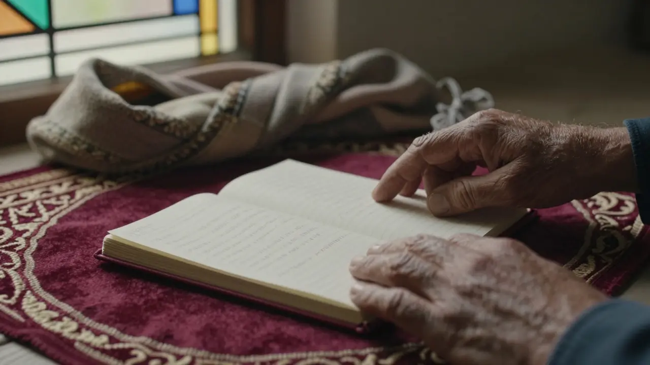 Hands placing a prayer mat next to a notebook, symbolizing spiritual and personal reflection.