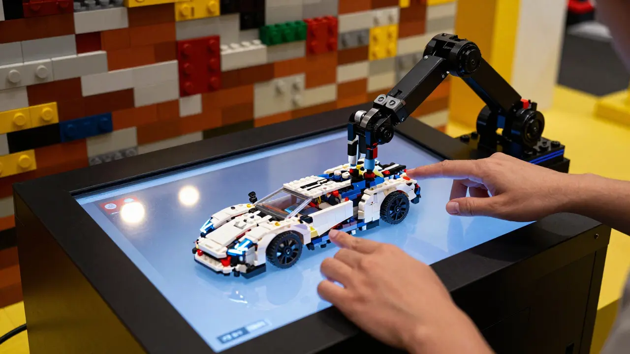 Hands using a touchscreen table to design a Lego car as bricks assemble automatically.