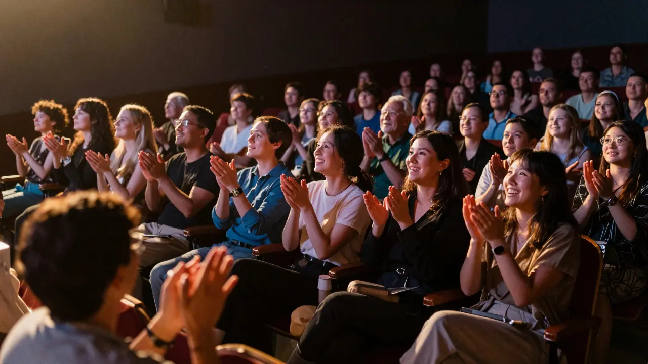 Happy audience clapping in theater seats lit by stage glow.