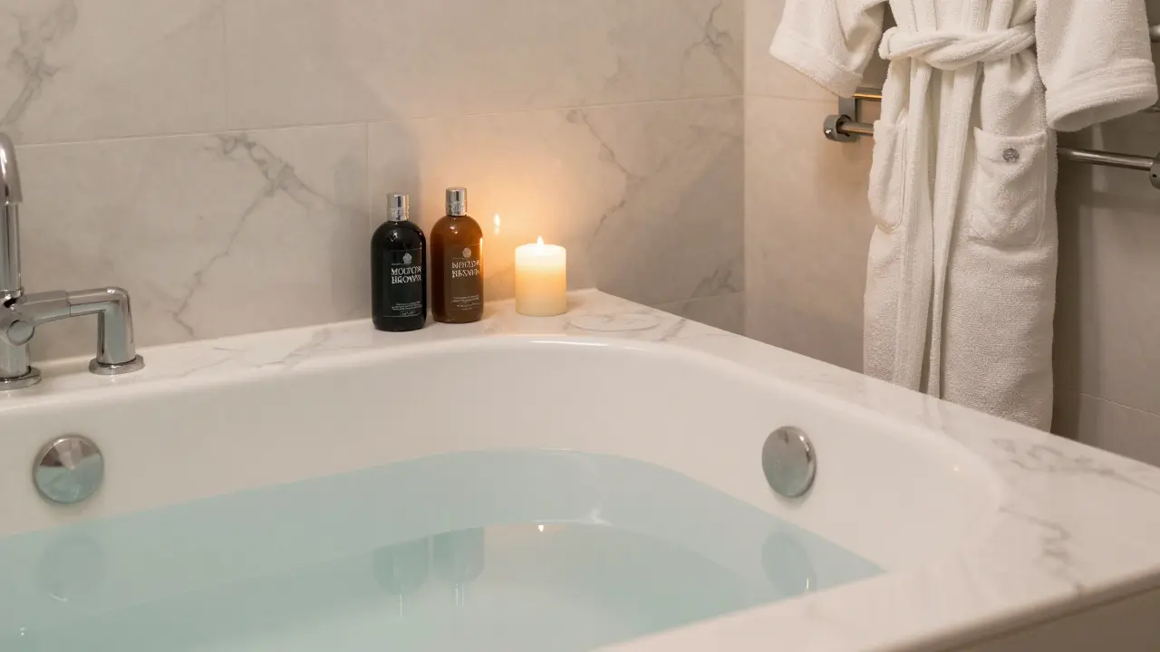 Marble bathroom with a deep soaking tub, candles, and premium toiletries in elegant detail.