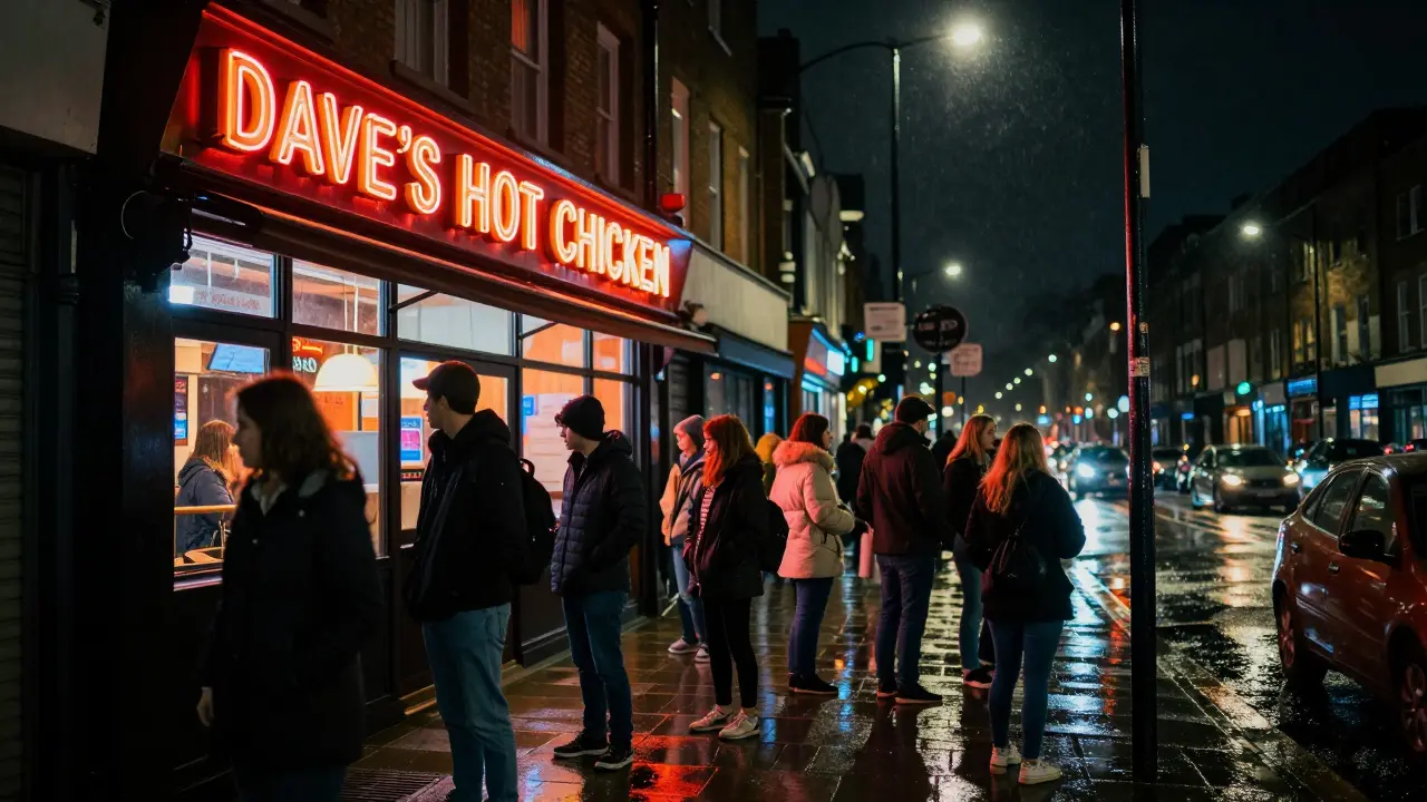 Neon sign of Dave's Hot Chicken at night with people waiting in line.
