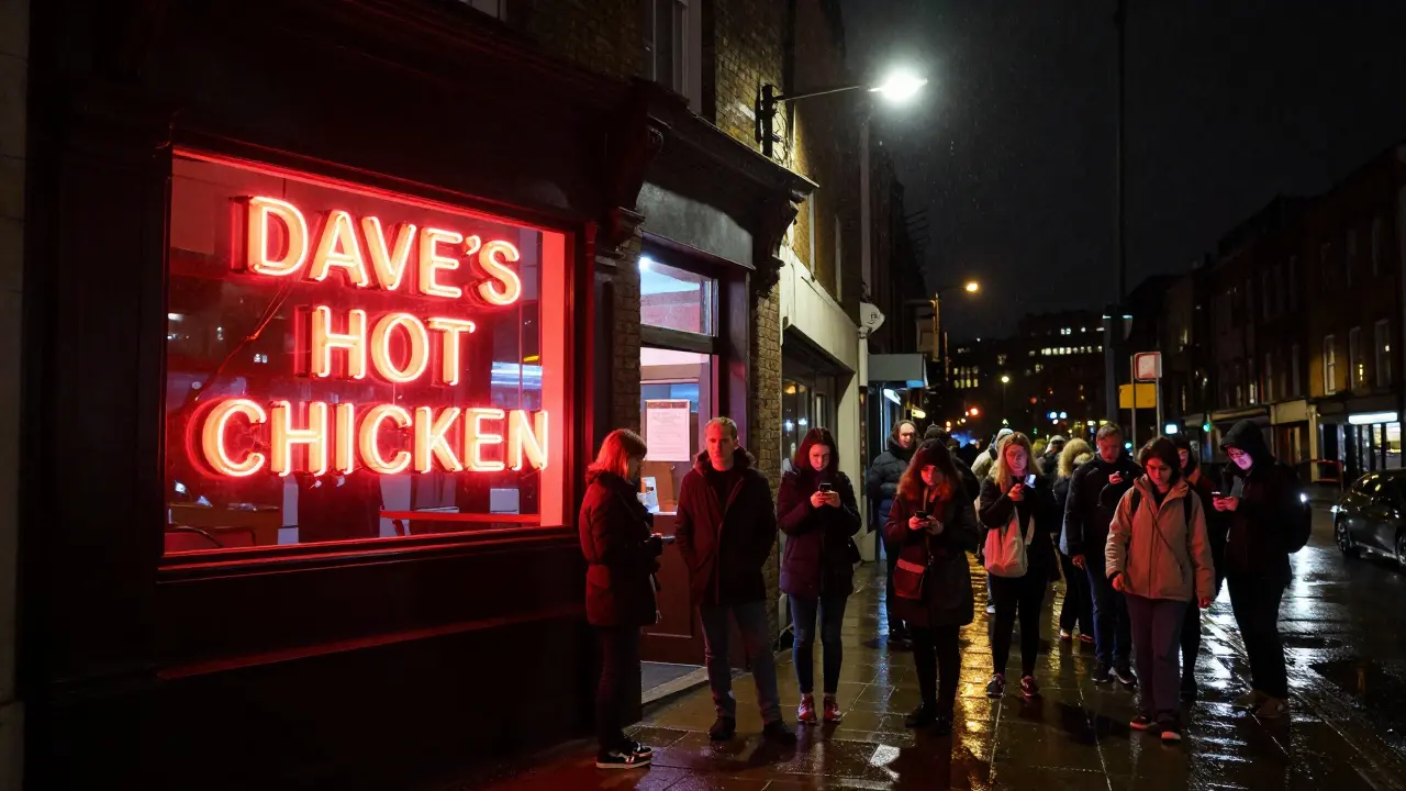 Neon sign of Dave's Hot Chicken London at night with people waiting in line outside the Camden location.