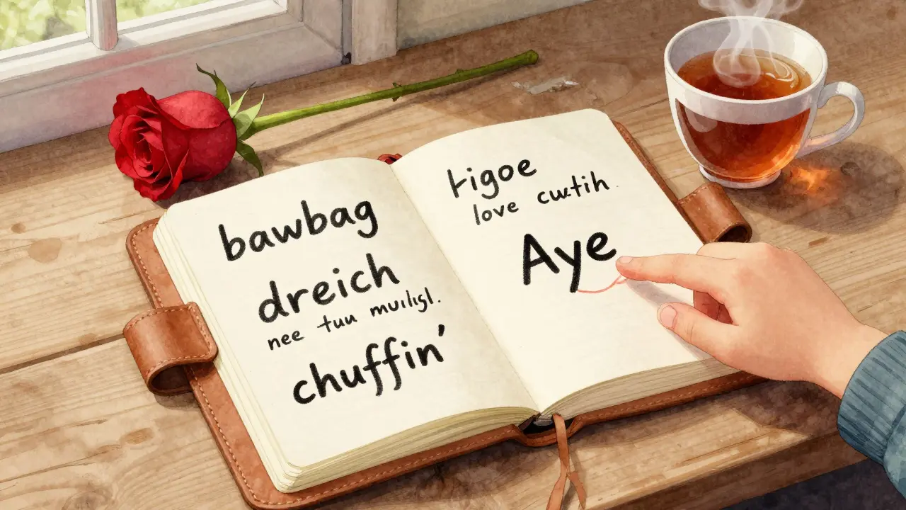 Notebook with handwritten Scottish slang phrases beside a cup of tea and a child's pointing hand.