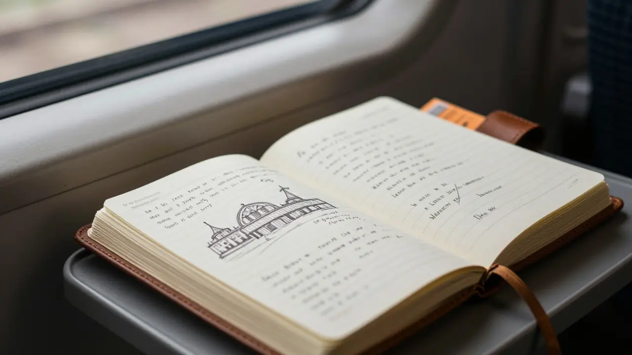 Open notebook with handwritten notes and an orange ticket stub on a train seat.