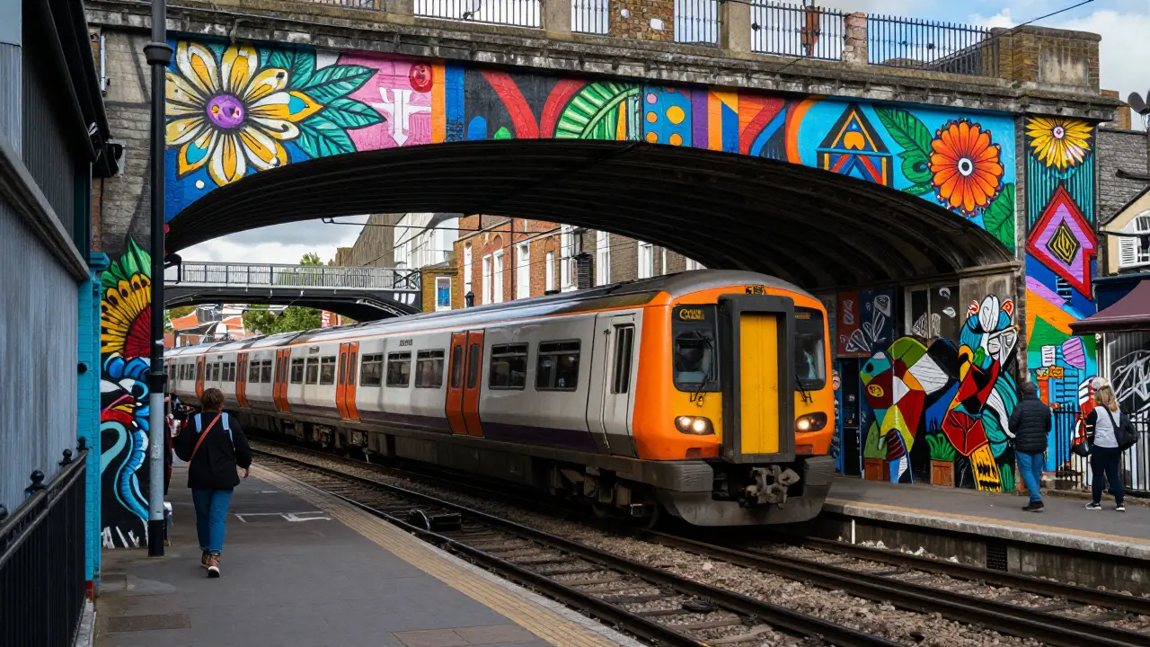 Orange Overground train passing under a railway arch covered in colorful street art in Peckham.