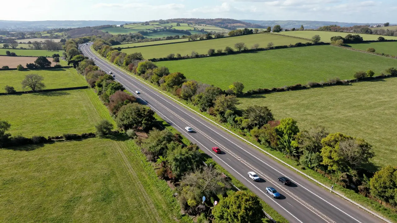 Overhead view of the M40 motorway with cars moving smoothly through the English countryside during daylight.