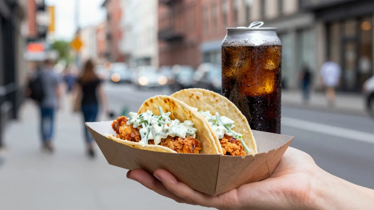 Paper box of chicken tacos with slaw and a cold drink beside it.
