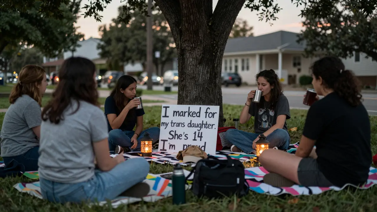 People sit in a circle sharing stories and tea in a quiet parade corner, a handmade sign visible.
