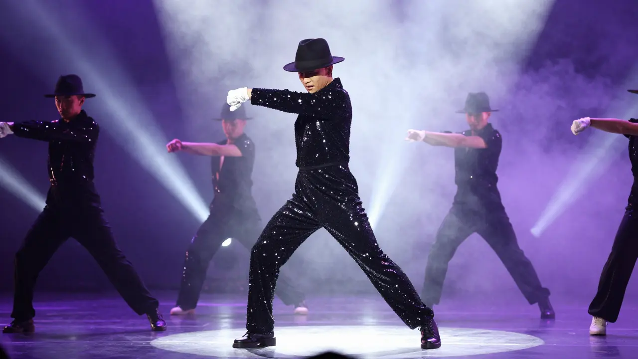 Performer dancing on stage in spotlight with backup dancers.