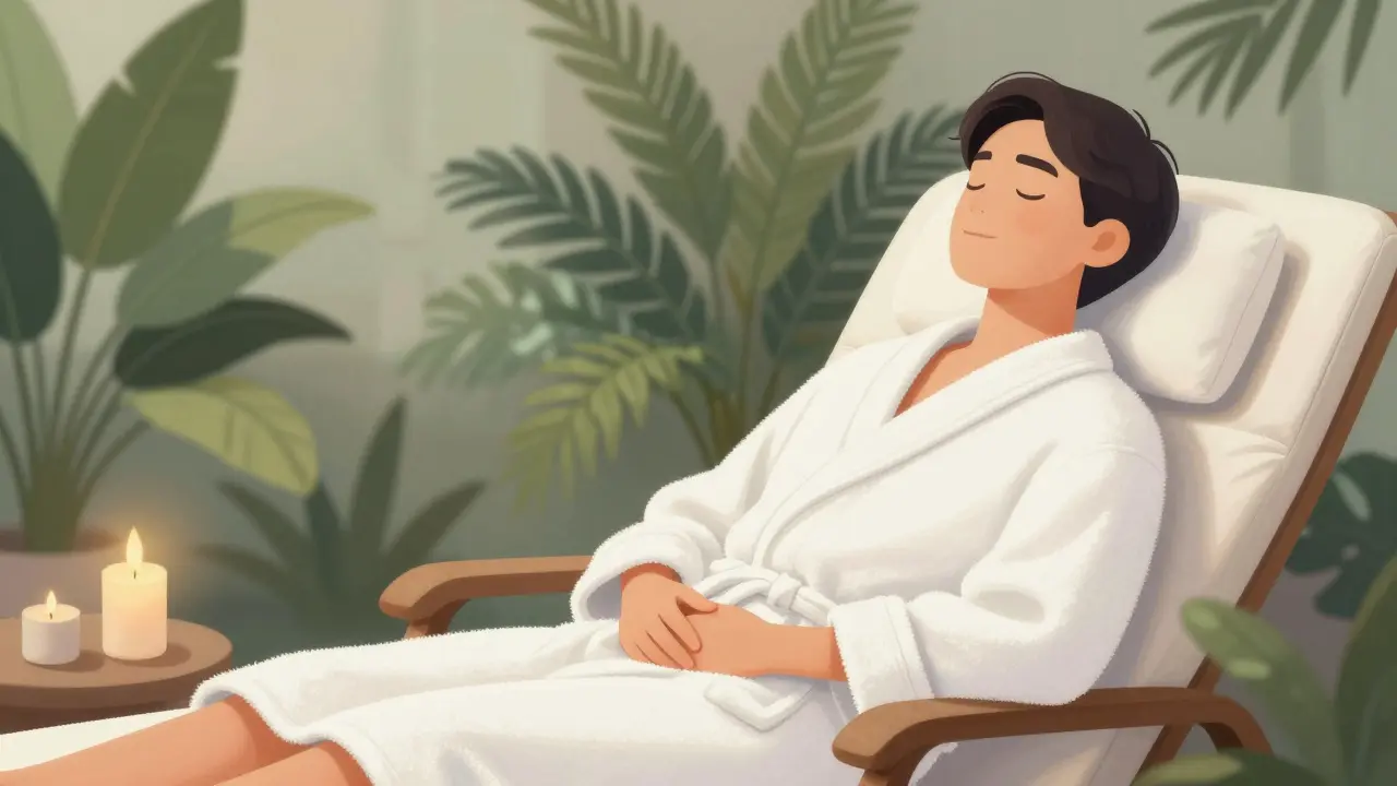 Person in white bathrobe relaxing peacefully surrounded by indoor greenery.