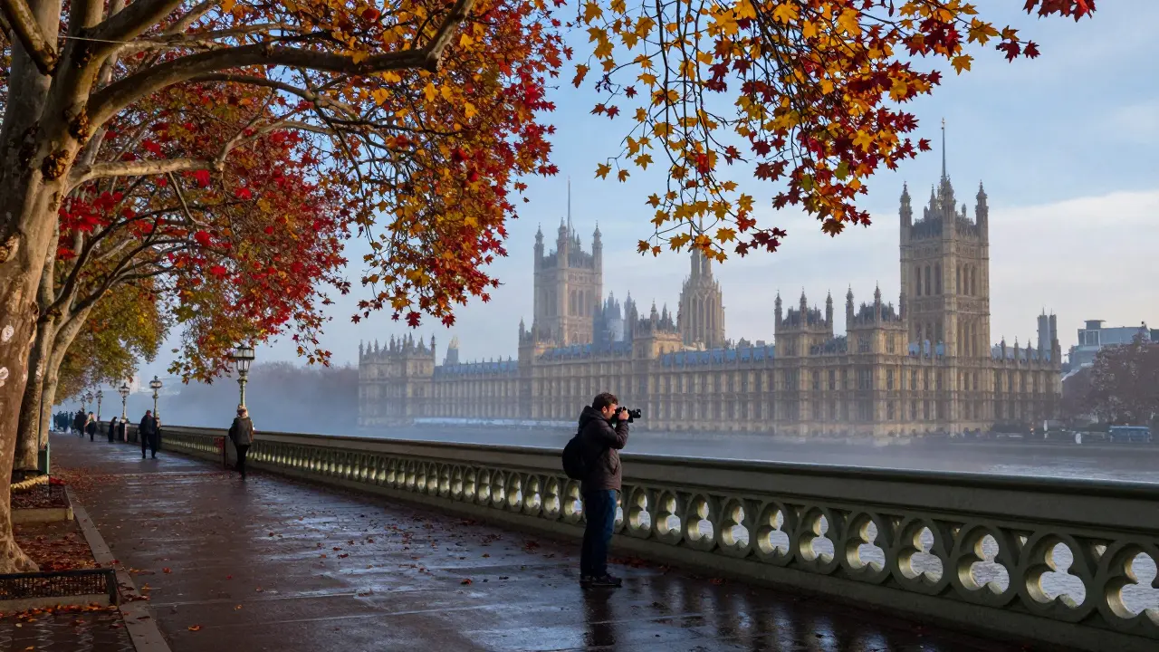 Photographer taking picture near Westminster Bridge with autumn leaves.