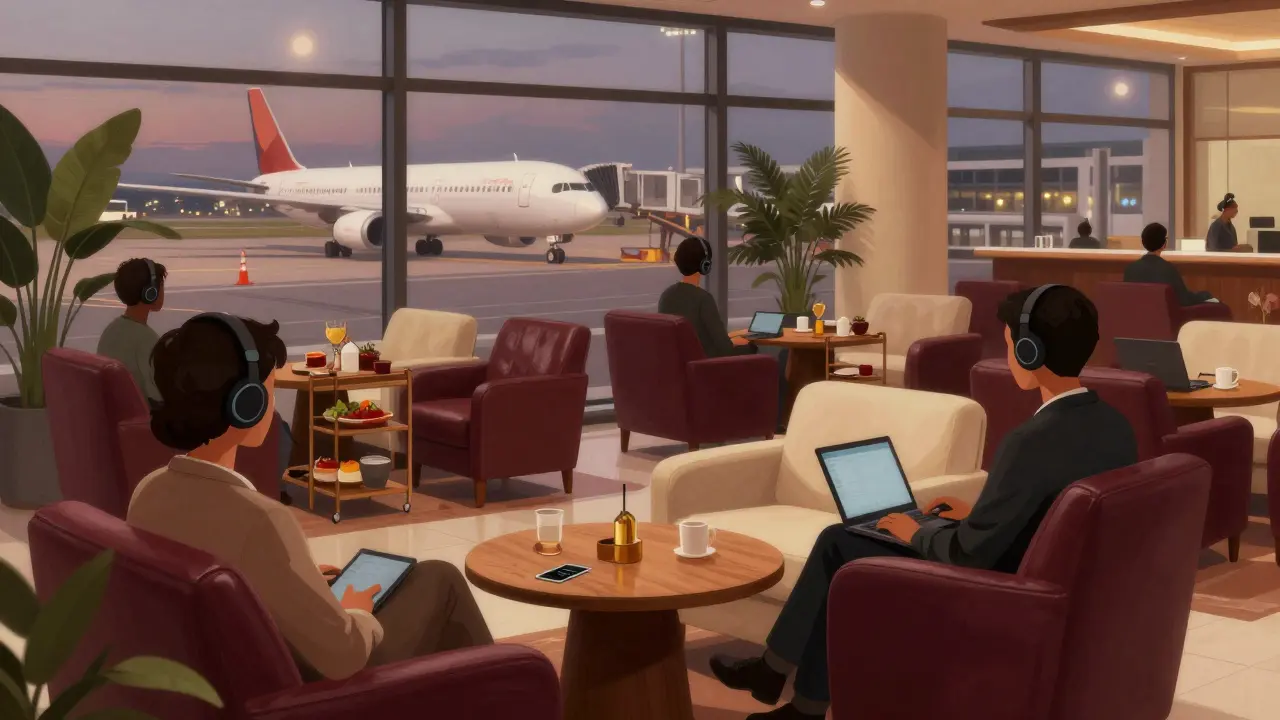 Quiet airport lounge with comfortable seating and large windows overlooking tarmac
