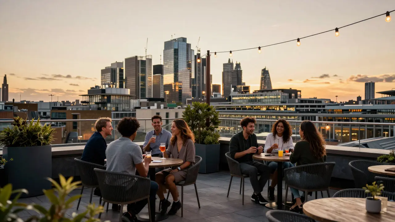 Rooftop terrace at Generator London with guests enjoying sunset views.