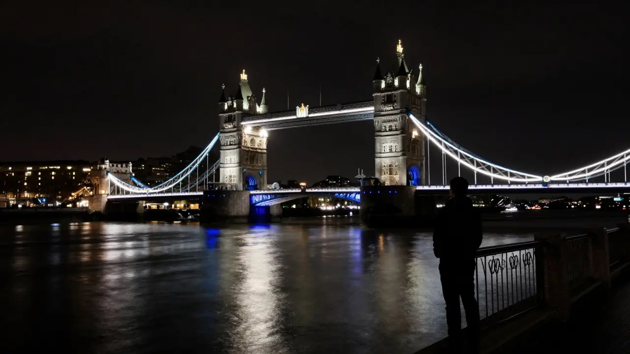 Silhouette of person viewing Tower Bridge lights reflecting on water at night.