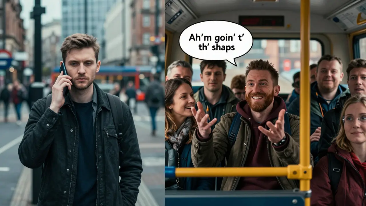 Split-screen: London commuter on Tube vs. Glaswegian on bus, showing different speech styles.