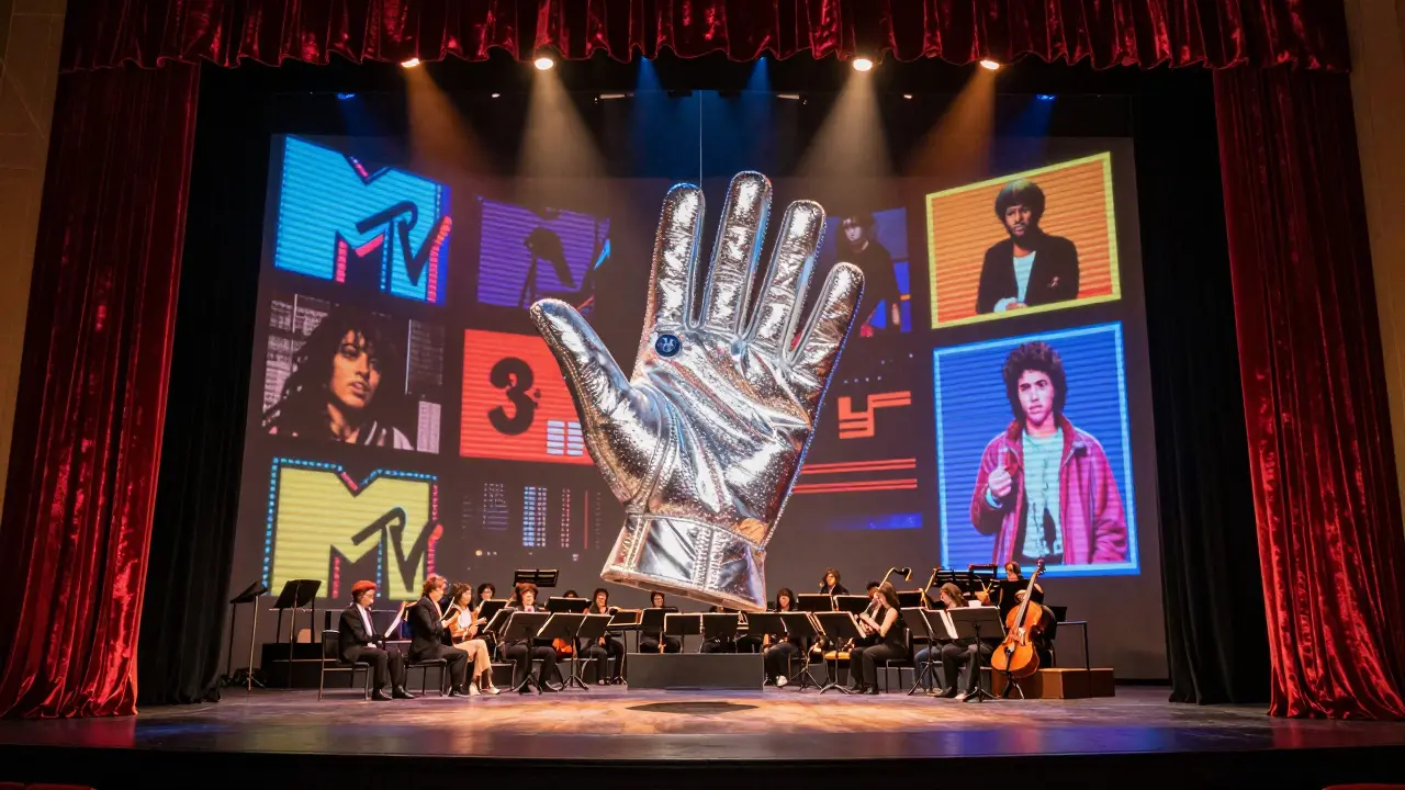 Stage with glowing MTV projections and a giant glittering glove above the orchestra.