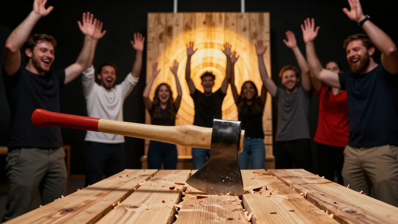 Team celebrating with axe stuck in wooden target