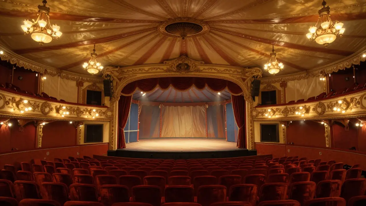 The interior of the historic theatre transformed into a glowing, tent-like circus space with golden lights.