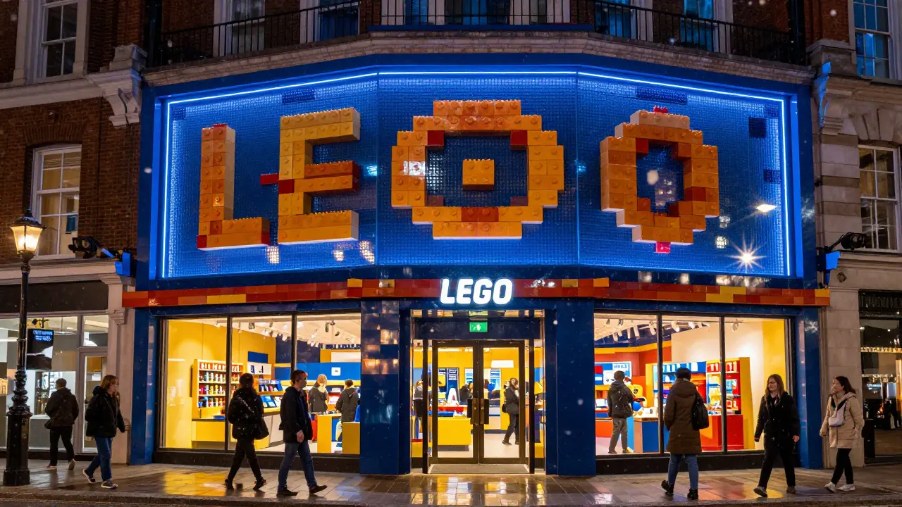 The LEGO Store London at night, its facade glowing with a massive mosaic of colorful bricks.