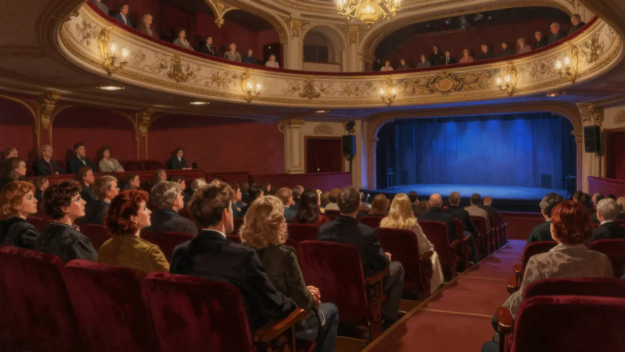 Theater interior audience watching a show under chandeliers.