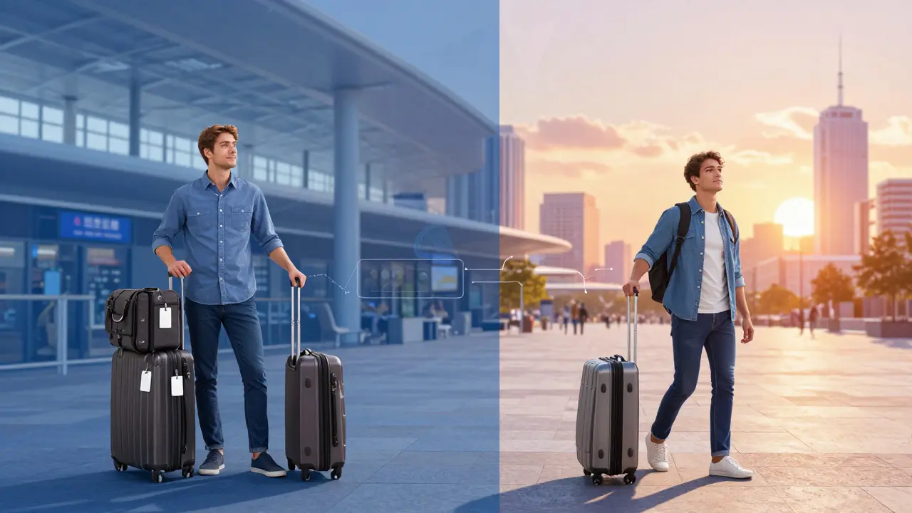 Traveler arriving energized at city destination after upgraded journey experience