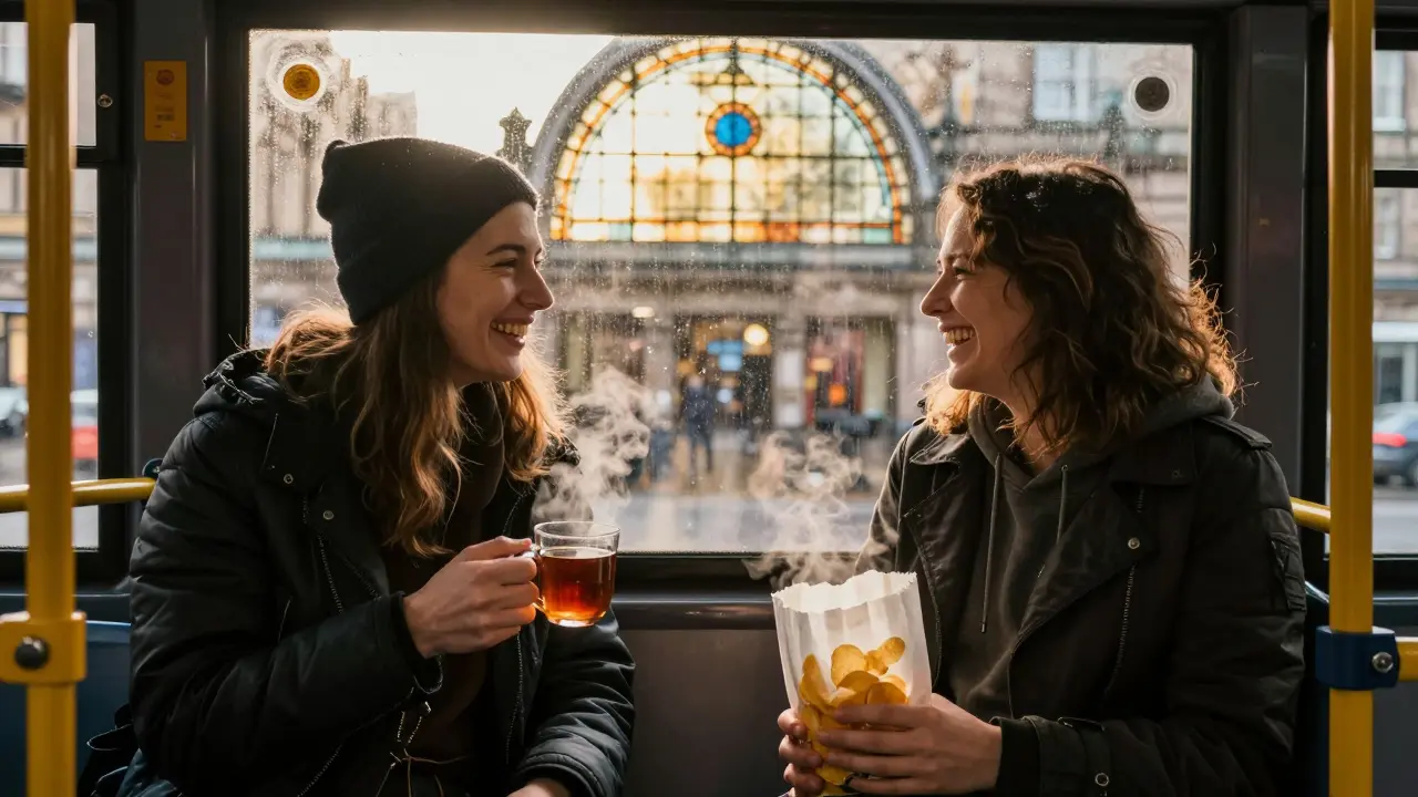 Two people laughing on a Glasgow bus, one holding chips, steam from tea mugs, stained glass window behind.